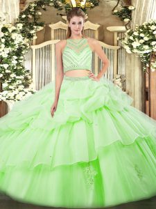 Fabulous Apple Green Two Pieces Scoop Sleeveless Tulle Floor Length Zipper Ruffles Quince Ball Gowns