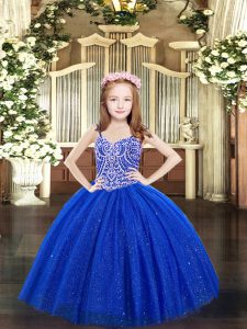 Floor Length Lace Up High School Pageant Dress Royal Blue for Party and Quinceanera with Beading