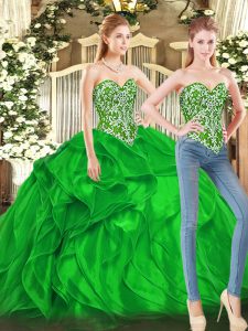 Green Tulle Lace Up Vestidos de Quinceanera Sleeveless Floor Length Beading and Ruffles
