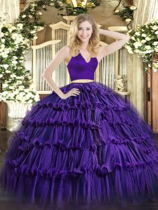 Purple Zipper Quince Ball Gowns Ruffled Layers Sleeveless Floor Length