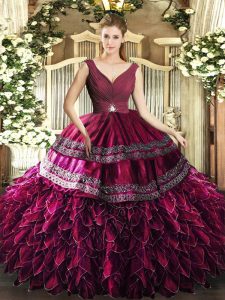Super Burgundy V-neck Neckline Beading and Ruffles Quinceanera Gowns Sleeveless Backless