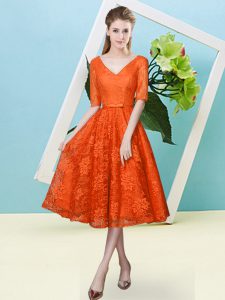 Stylish Half Sleeves Tea Length Bowknot Lace Up Quinceanera Court of Honor Dress with Orange Red