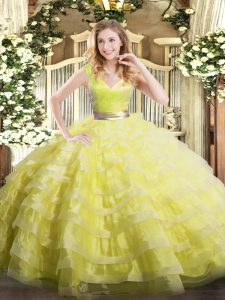 Floor Length Ball Gowns Sleeveless Yellow Green Quinceanera Dress Zipper