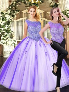Graceful Lavender Zipper Sweet 16 Dress Beading Sleeveless Floor Length