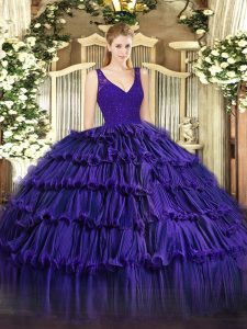Delicate Floor Length Purple Quinceanera Gowns Organza Sleeveless Beading and Ruffled Layers