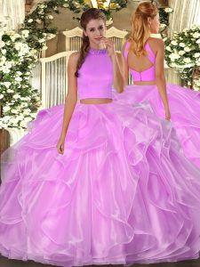 Fashion Sleeveless Floor Length Beading and Ruffles Backless 15th Birthday Dress with Lilac