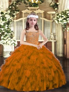 Beading and Ruffles Girls Pageant Dresses Brown Lace Up Sleeveless Floor Length