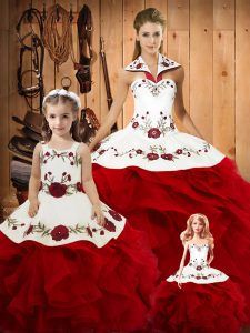 Satin and Organza Halter Top Sleeveless Lace Up Embroidery and Ruffles 15 Quinceanera Dress in Wine Red