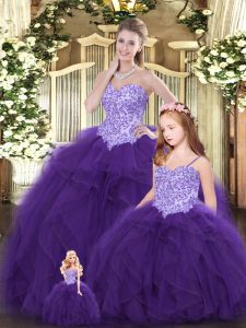 Eggplant Purple Sweetheart Lace Up Beading and Ruffles Quince Ball Gowns Sleeveless