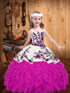 Fuchsia Ball Gowns Organza Straps Sleeveless Embroidery and Ruffles Floor Length Lace Up Kids Formal Wear
