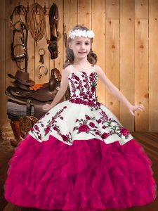 Low Price Fuchsia Sleeveless Floor Length Embroidery Lace Up Little Girl Pageant Gowns