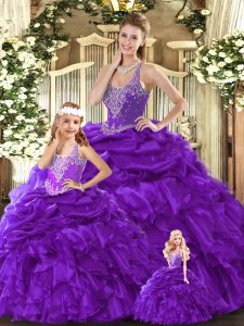 Purple 15th Birthday Dress Military Ball and Sweet 16 and Quinceanera with Beading and Ruffles Straps Sleeveless Lace Up
