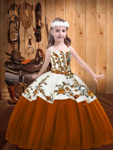 Brown Ball Gowns Embroidery Pageant Dress Toddler Lace Up Tulle Sleeveless Floor Length