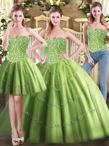 Tulle Sweetheart Sleeveless Lace Up Beading Vestidos de Quinceanera in Olive Green