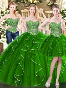 Green Lace Up 15th Birthday Dress Beading and Ruffles Sleeveless Floor Length