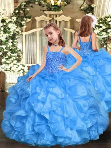 Baby Blue Organza Zipper Straps Sleeveless Floor Length Pageant Dress Womens Beading and Ruffles