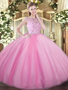 Amazing Floor Length Rose Pink Vestidos de Quinceanera Tulle Sleeveless Beading