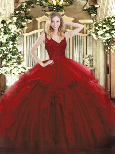 Floor Length Backless Quinceanera Dress Wine Red for Military Ball and Sweet 16 and Quinceanera with Beading and Lace and Ruffles
