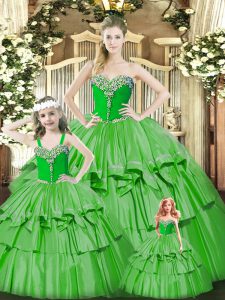 Unique Green Sleeveless Beading and Ruffled Layers Floor Length Ball Gown Prom Dress