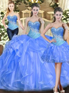 Glittering Baby Blue Lace Up Sweet 16 Quinceanera Dress Beading and Ruffles Sleeveless Floor Length