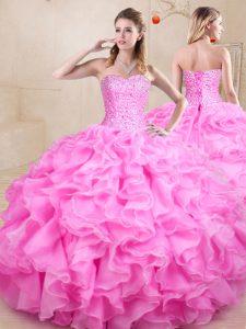 Fashion Rose Pink Sleeveless Beading and Ruffles Floor Length Sweet 16 Dress