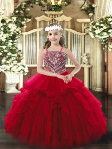 Trendy Wine Red Ball Gowns Organza Straps Sleeveless Beading and Ruffles Floor Length Lace Up Little Girls Pageant Dress Wholesale
