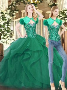 Deluxe Beading and Ruffles Sweet 16 Dresses Dark Green Lace Up Sleeveless Floor Length