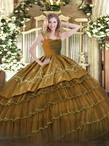 Brown Sleeveless Embroidery and Ruffled Layers Floor Length Vestidos de Quinceanera