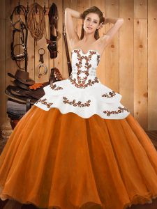 Exceptional Orange Red Ball Gowns Embroidery Sweet 16 Dress Lace Up Tulle Sleeveless Floor Length