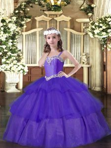 Graceful Purple Organza Lace Up Straps Sleeveless Floor Length Pageant Dress for Teens Beading and Ruffled Layers