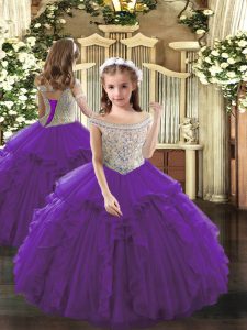 Graceful Floor Length Purple Pageant Dress Toddler Organza Sleeveless Beading and Ruffles