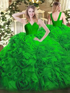 Green V-neck Neckline Ruffles Sweet 16 Dresses Sleeveless Zipper