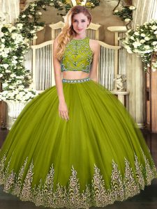 Clearance Beading and Appliques Sweet 16 Quinceanera Dress Olive Green Zipper Sleeveless Floor Length