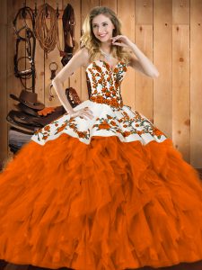 Hot Sale Rust Red Lace Up Sweetheart Embroidery and Ruffles Ball Gown Prom Dress Satin and Organza Sleeveless