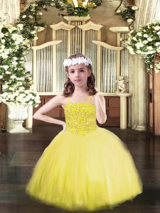 Yellow Tulle Lace Up Kids Pageant Dress Sleeveless Floor Length Beading