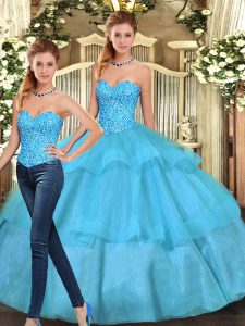 Latest Aqua Blue Sleeveless Floor Length Ruffled Layers Lace Up Sweet 16 Dresses