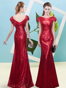 Wine Red Zipper Prom Dress Sequins Cap Sleeves Floor Length