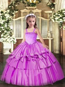 Floor Length Lilac Little Girls Pageant Dress Organza Sleeveless Appliques and Ruffled Layers