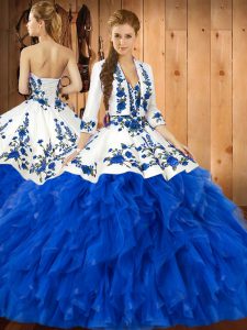 Wonderful Blue Sleeveless Embroidery and Ruffles Floor Length Sweet 16 Quinceanera Dress