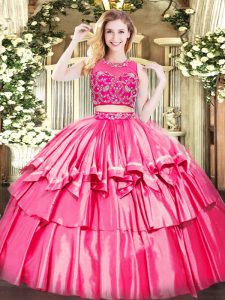 Sweet Hot Pink Sleeveless Tulle Zipper Quinceanera Gowns for Military Ball and Sweet 16 and Quinceanera