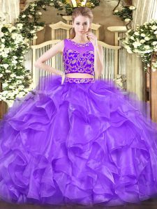 Lavender Tulle Zipper Ball Gown Prom Dress Sleeveless Floor Length Beading and Ruffles