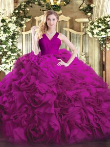Floor Length Fuchsia Quinceanera Gown Organza and Fabric With Rolling Flowers Sleeveless Ruffles