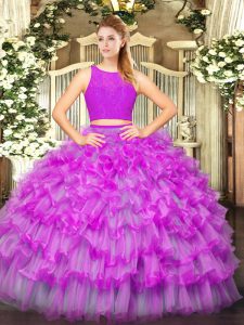 Floor Length Zipper Sweet 16 Dress Fuchsia for Military Ball and Sweet 16 and Quinceanera with Ruffled Layers
