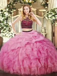 Shining Rose Pink Ball Gowns Organza Halter Top Sleeveless Beading and Ruffles Floor Length Zipper 15 Quinceanera Dress