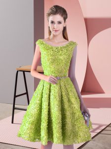 Pretty Scoop Sleeveless Lace Up Prom Gown Yellow Green Lace