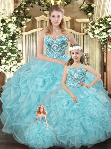 New Style Aqua Blue Sleeveless Floor Length Beading and Ruffles Lace Up Quinceanera Dress