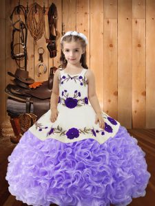 Lavender Straps Neckline Embroidery and Ruffles Glitz Pageant Dress Sleeveless Lace Up