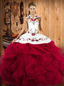 High End Floor Length Lace Up Quinceanera Dresses Red for Military Ball and Sweet 16 and Quinceanera with Embroidery and Ruffles