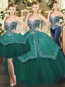 Designer Dark Green Lace Up Sweetheart Beading and Appliques Quince Ball Gowns Tulle Sleeveless
