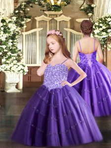 Stunning Purple Sleeveless Floor Length Appliques Lace Up Little Girls Pageant Gowns